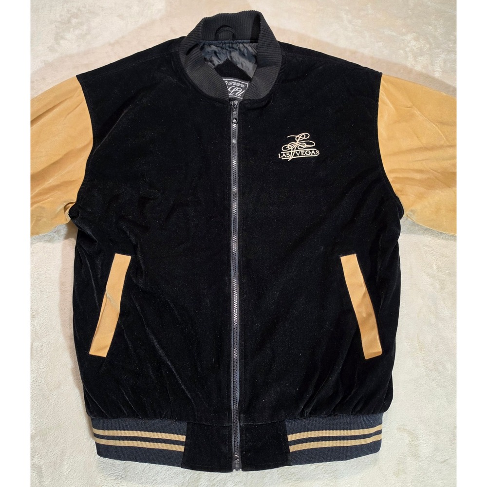 Vintage Lulu Las Vegas Velvet Bomber Jacket Mens Black Tan Varsity Full Zip S - Picture 2 of 9
